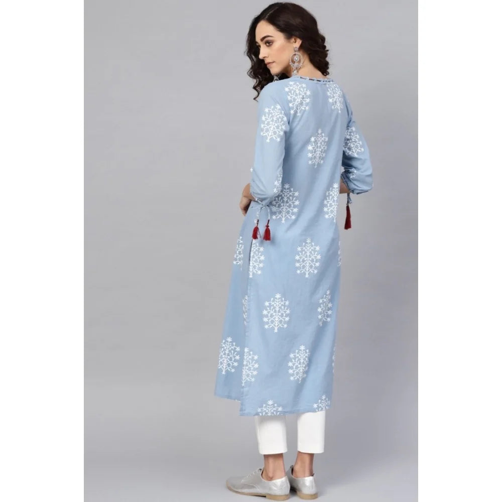Women's Casual Embroidered 3/4 Sleeve Cambric Cotton Kurti (Blue)