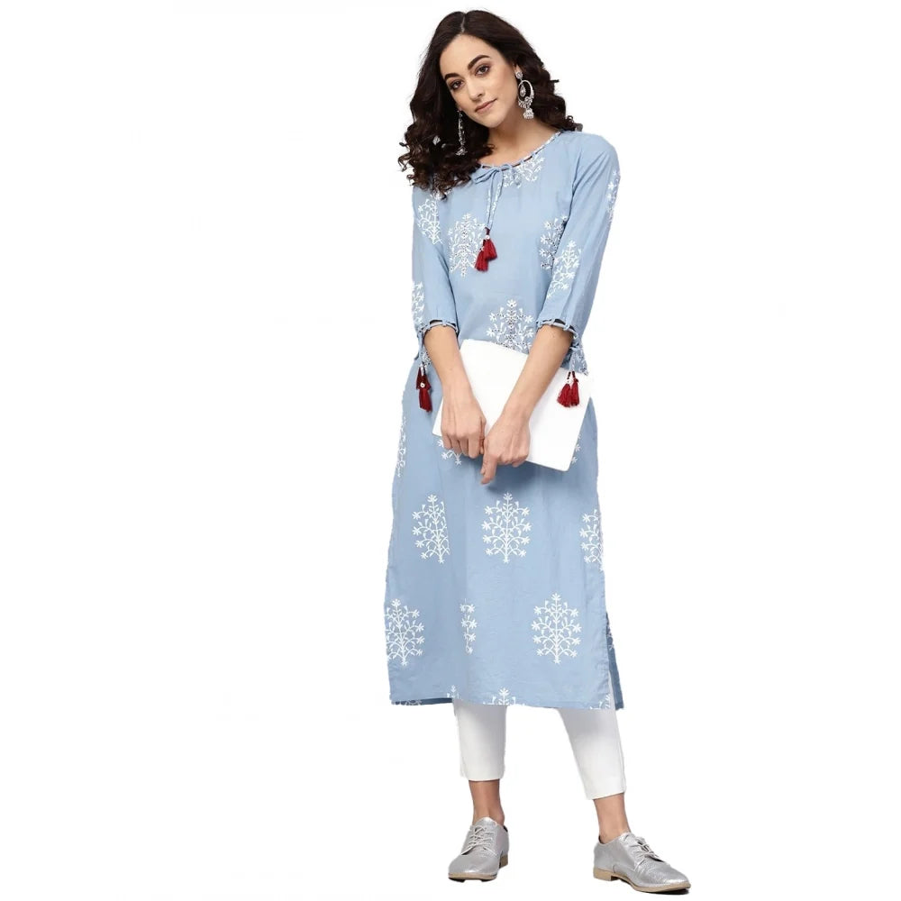 Women's Casual Embroidered 3/4 Sleeve Cambric Cotton Kurti (Blue)
