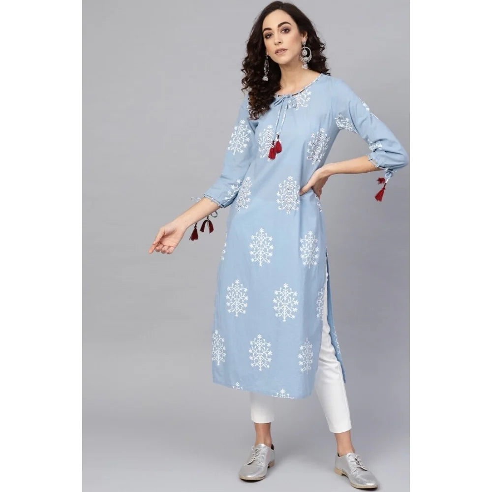 Women's Casual Embroidered 3/4 Sleeve Cambric Cotton Kurti (Blue)