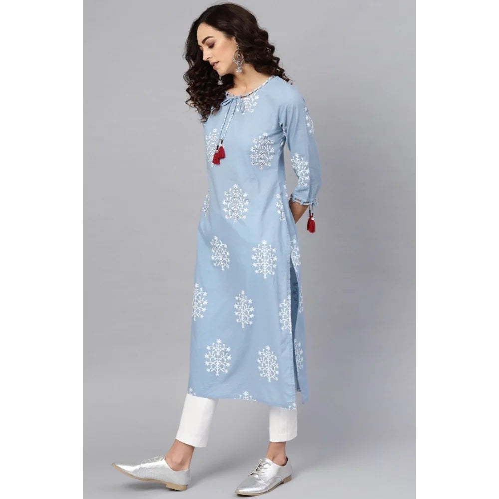 Women's Casual Embroidered 3/4 Sleeve Cambric Cotton Kurti (Blue)
