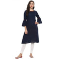 Women's Casual Bell Sleeve Solid Cotton Slub Kurti (Blue)