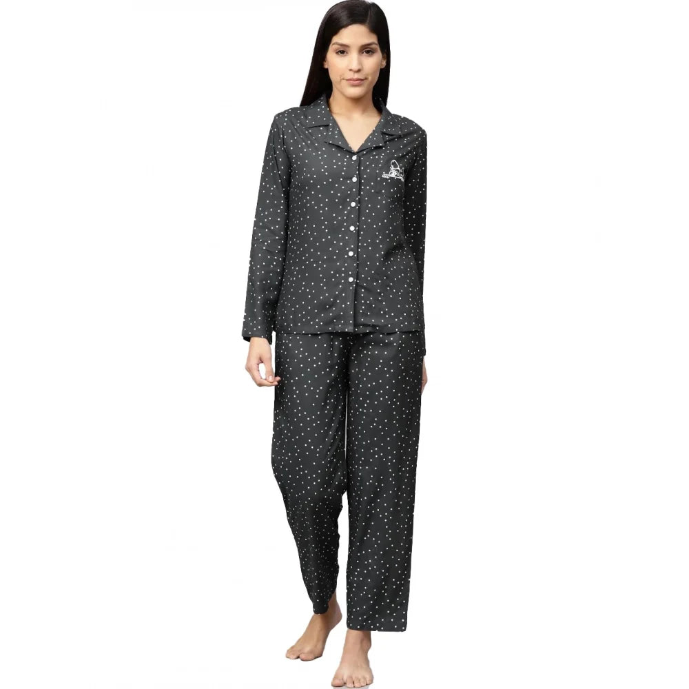 Women's Polka Dot Printed Rayon Shirt & Pyjama Night Suit Set (Grey)