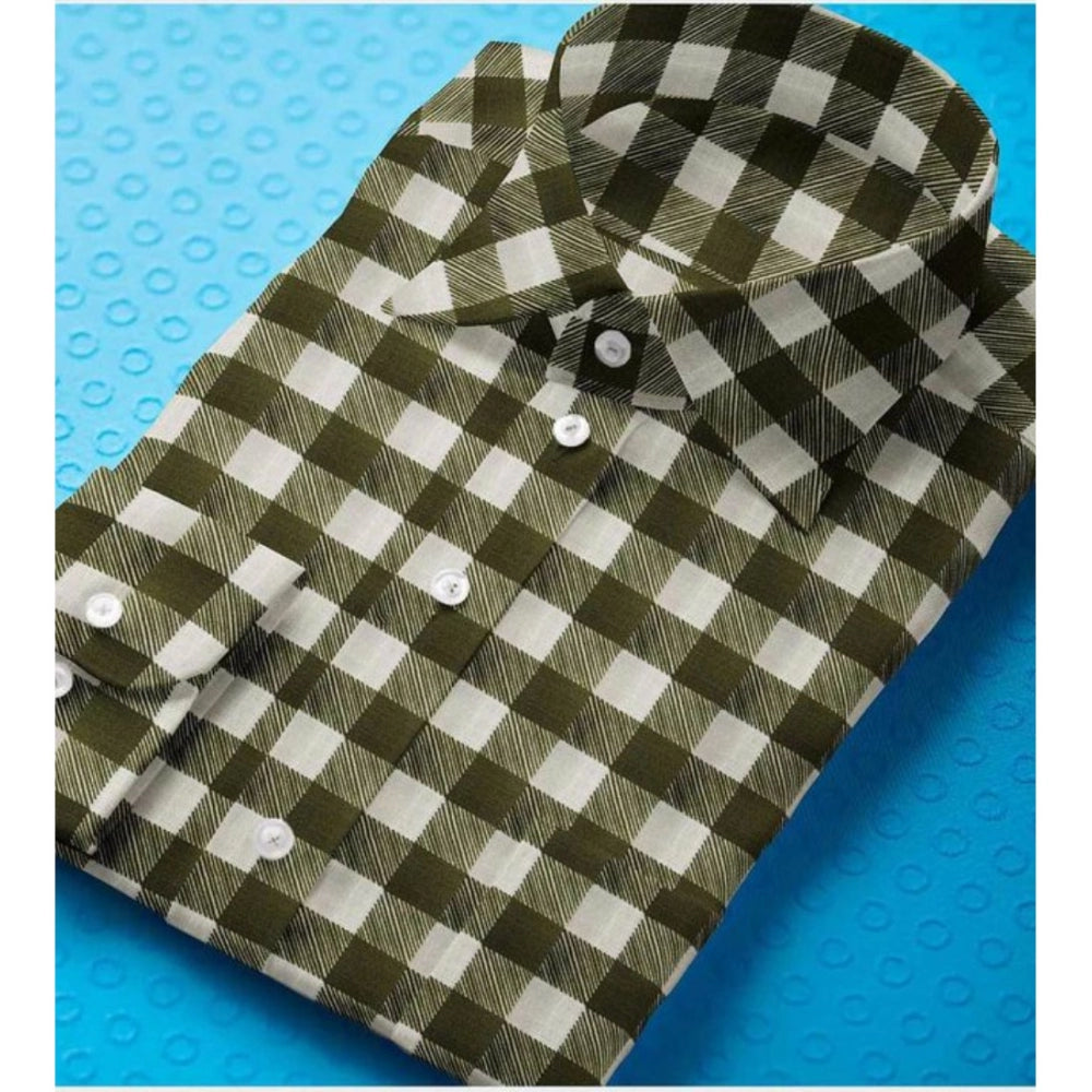 VASTRAA Men’s White & Green Checked Cotton-Blend Full-Sleeve Shirt