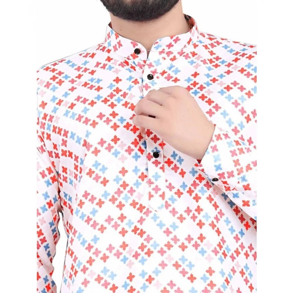 Men's Cotton Blend Printed Full Sleeve Short Kurta (Multicolor)
