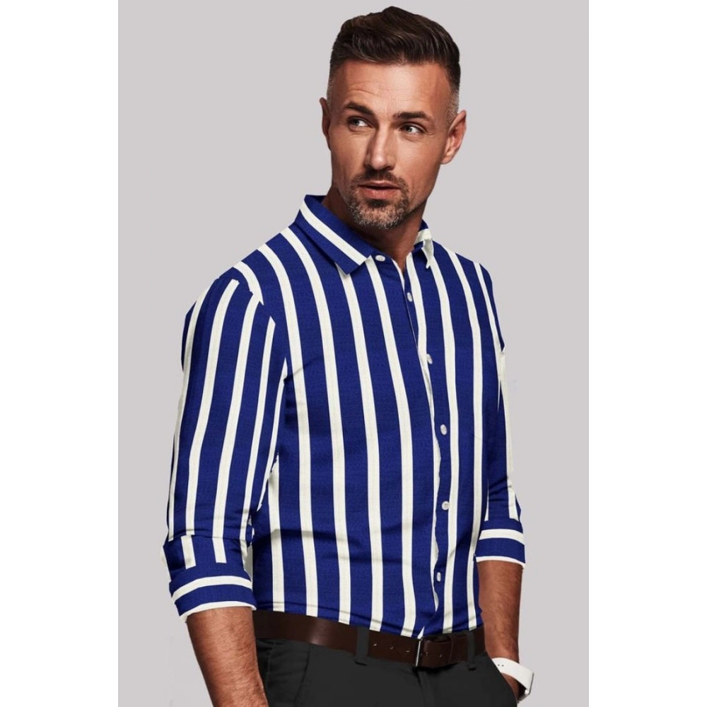 VASTRAA Men’s White & Blue Striped Cotton-Blend Full-Sleeve Shirt