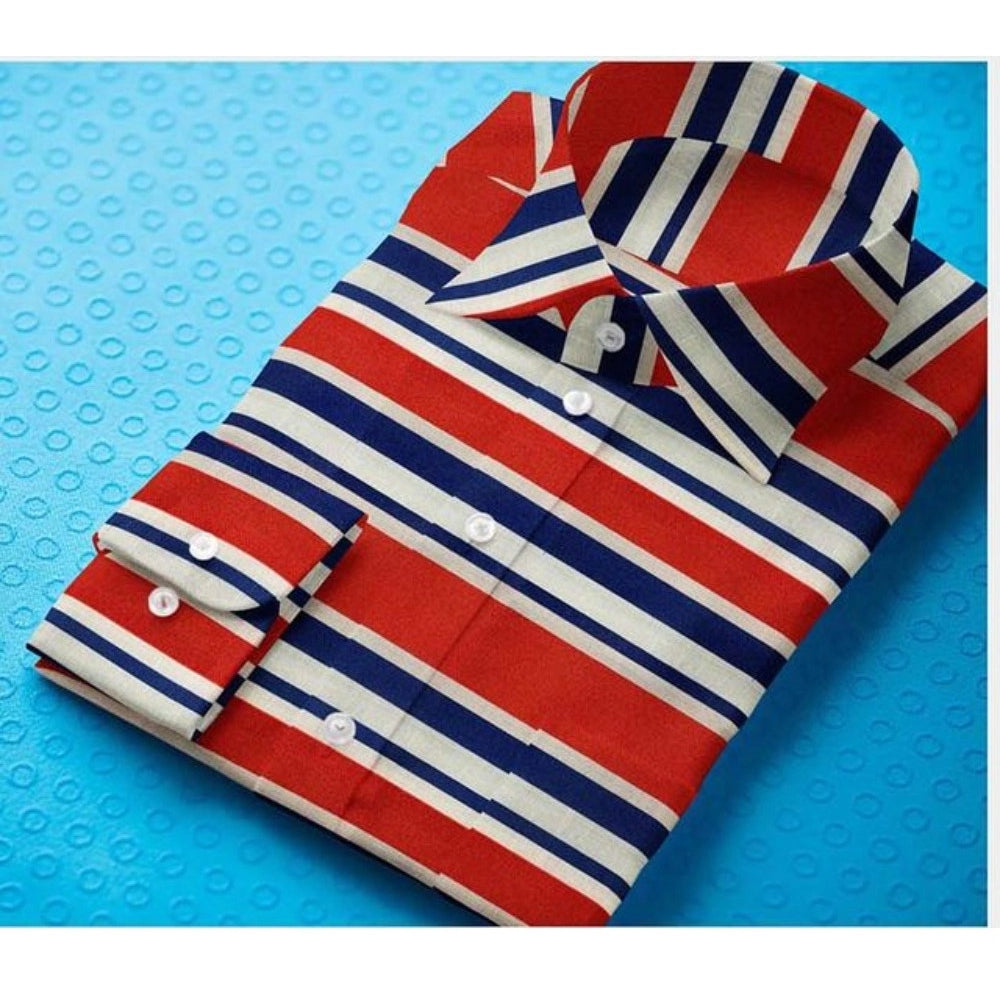 VASTRAA Men’s Red & Blue Striped Cotton-Blend Full-Sleeve Shirt
