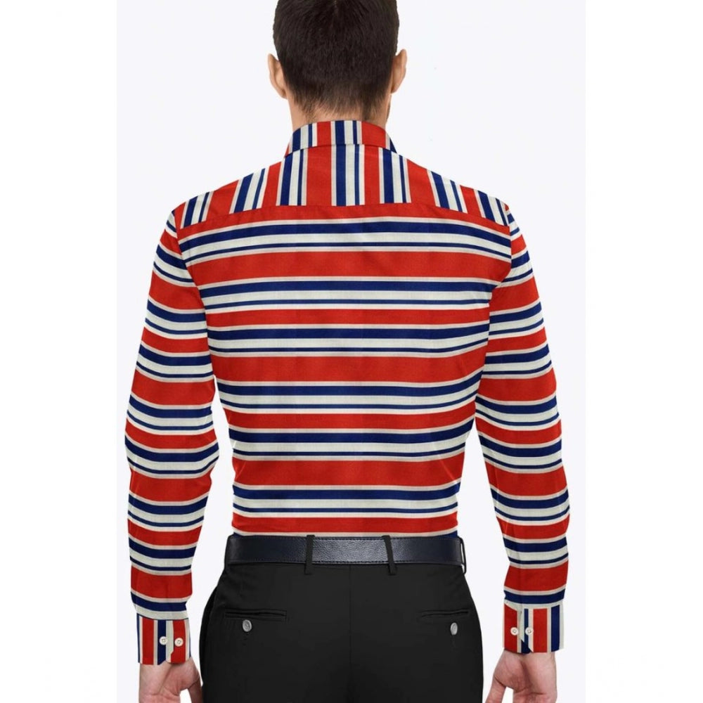 VASTRAA Men’s Red & Blue Striped Cotton-Blend Full-Sleeve Shirt