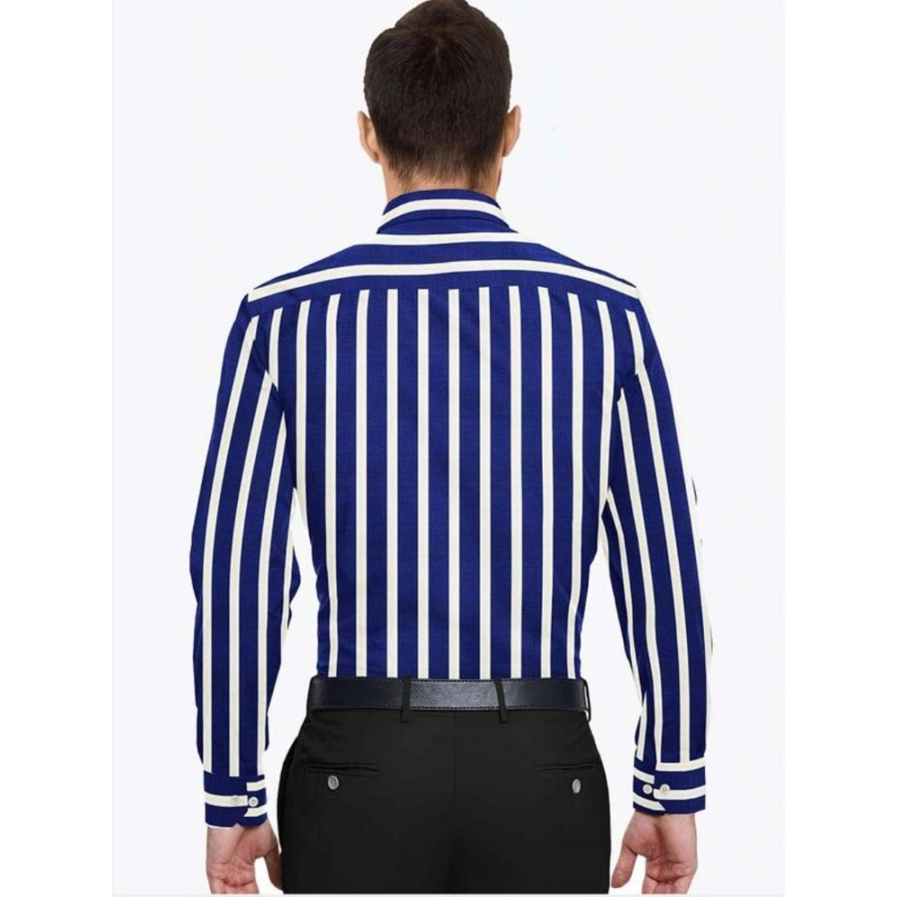 VASTRAA Men’s White & Blue Striped Cotton-Blend Full-Sleeve Shirt