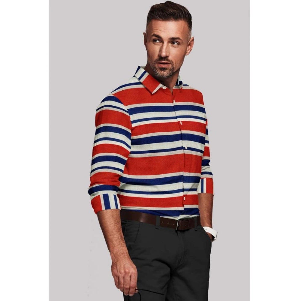 VASTRAA Men’s Red & Blue Striped Cotton-Blend Full-Sleeve Shirt