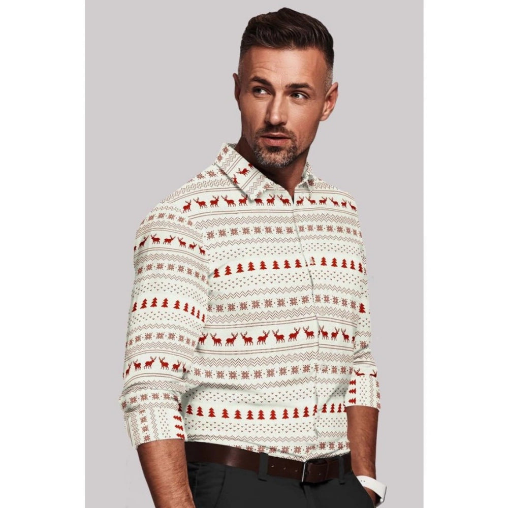 VASTRAA Men’s White & Red Printed Cotton-Blend Full-Sleeve Shirt