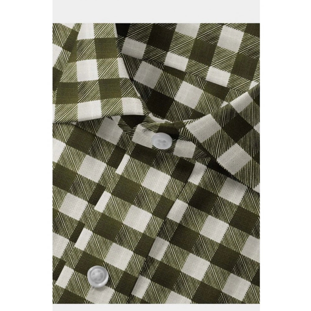 VASTRAA Men’s White & Green Checked Cotton-Blend Full-Sleeve Shirt