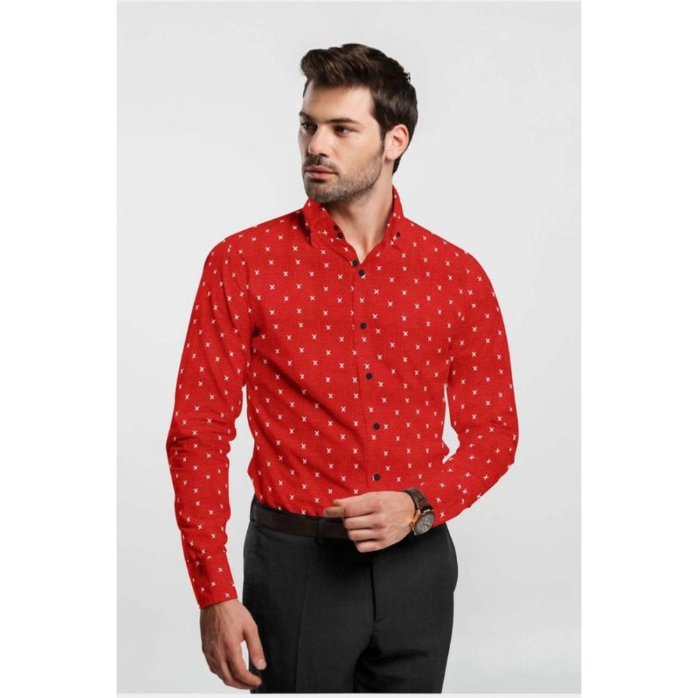 VASTRAA Men’s Red Printed Cotton-Blend Full-Sleeve Shirt