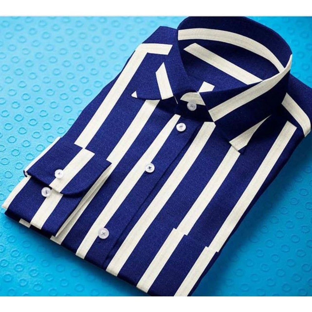 VASTRAA Men’s White & Blue Striped Cotton-Blend Full-Sleeve Shirt