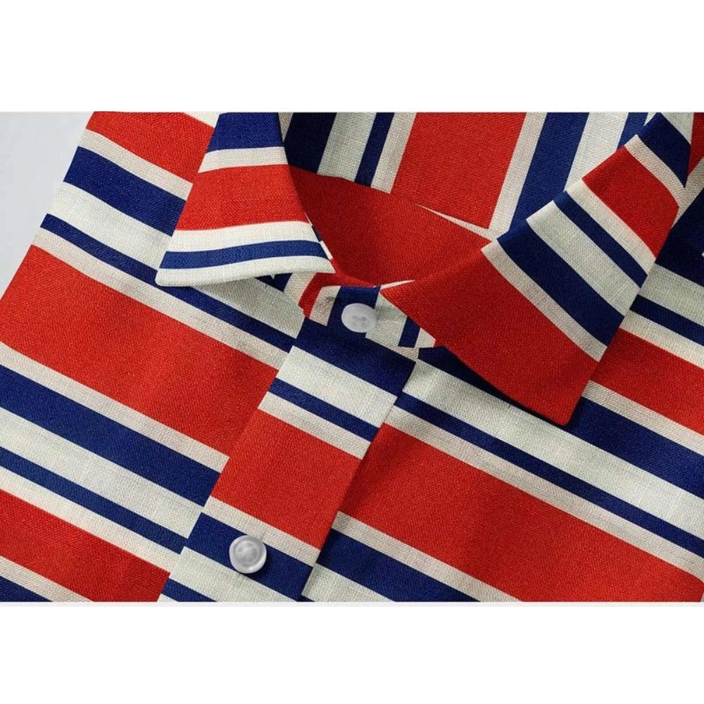 VASTRAA Men’s Red & Blue Striped Cotton-Blend Full-Sleeve Shirt
