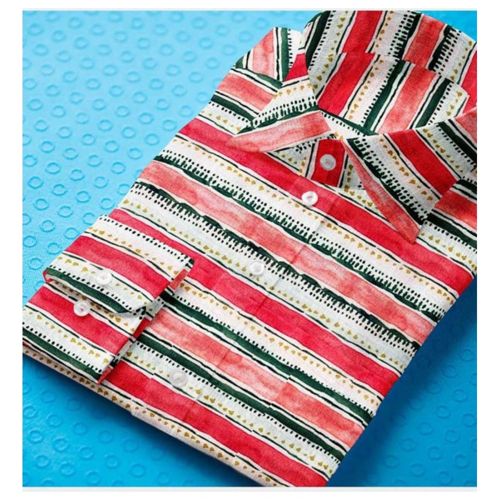 VASTRAA Men’s Red & White Striped Cotton-Blend Full-Sleeve Shirt