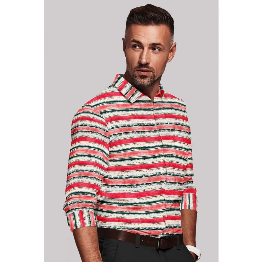 VASTRAA Men’s Red & White Striped Cotton-Blend Full-Sleeve Shirt