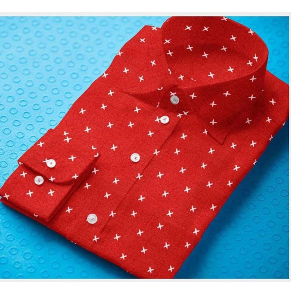 VASTRAA Men’s Red Printed Cotton-Blend Full-Sleeve Shirt