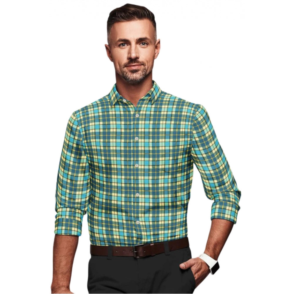 VASTRAA Men’s Green & Yellow Checked Cotton-Blend Full-Sleeve Shirt