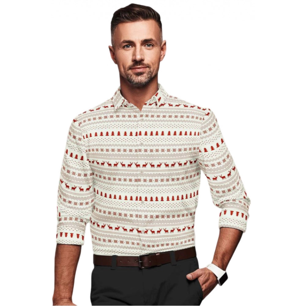 VASTRAA Men’s White & Red Printed Cotton-Blend Full-Sleeve Shirt