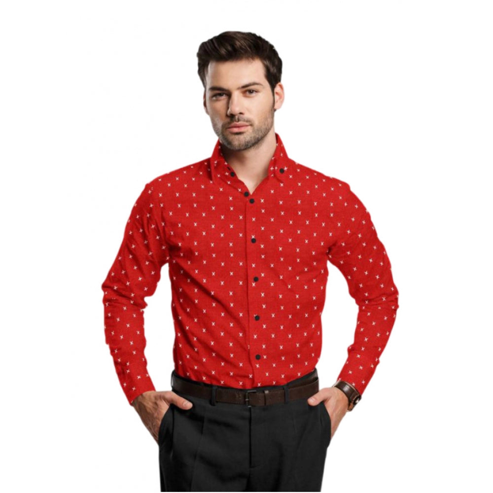 VASTRAA Men’s Red Printed Cotton-Blend Full-Sleeve Shirt