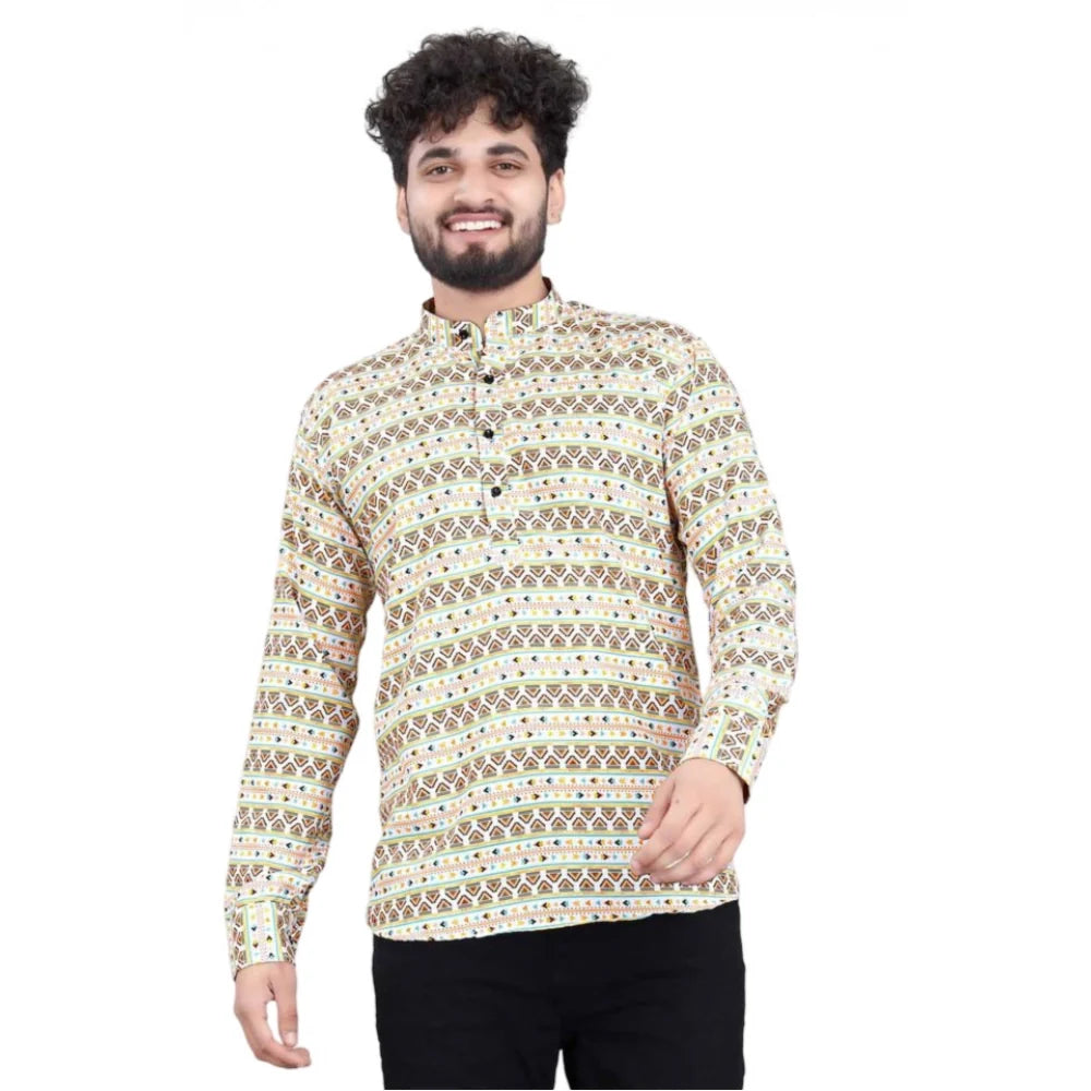 Men's Cotton Blend Printed Full Sleeve Short Kurta