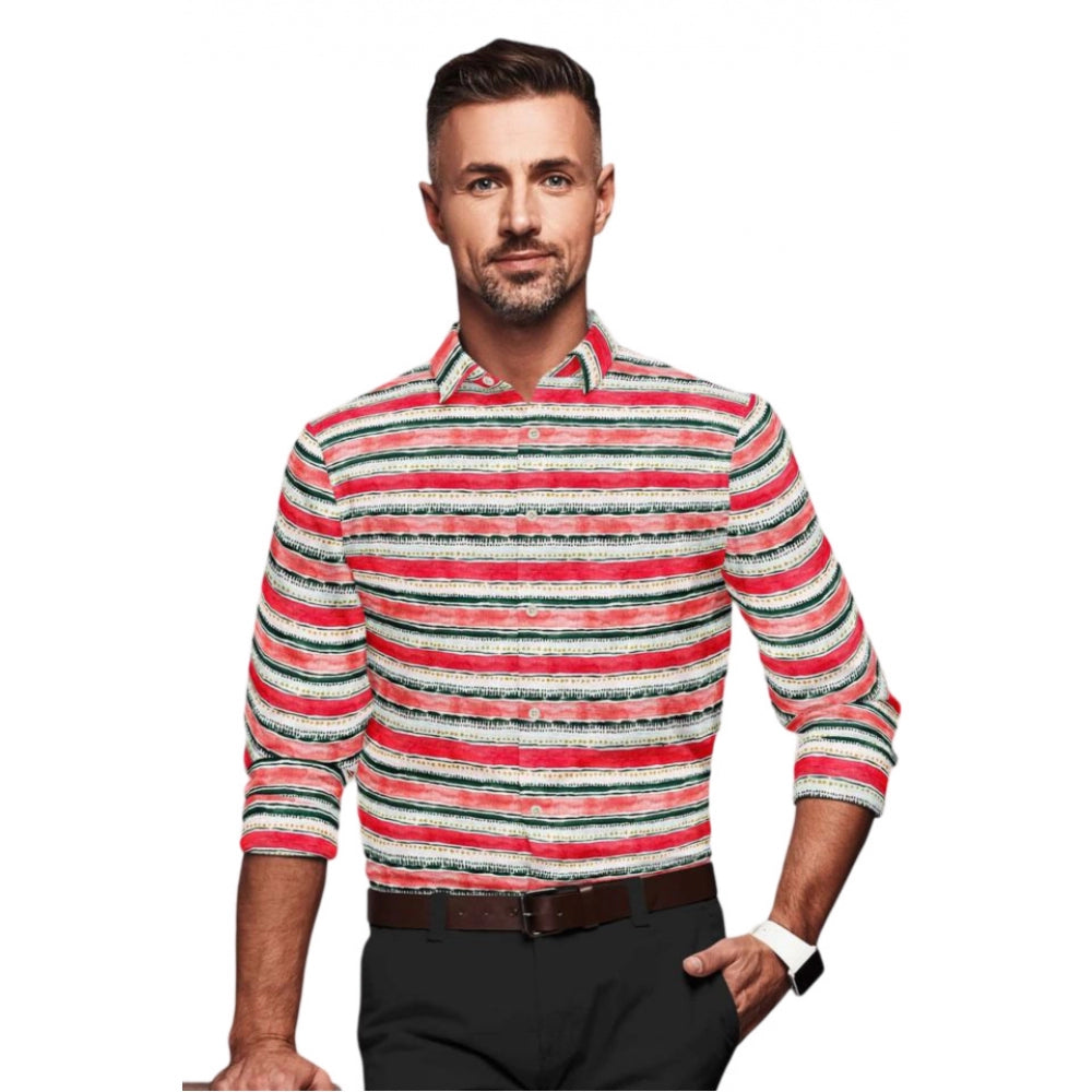 VASTRAA Men’s Red & White Striped Cotton-Blend Full-Sleeve Shirt