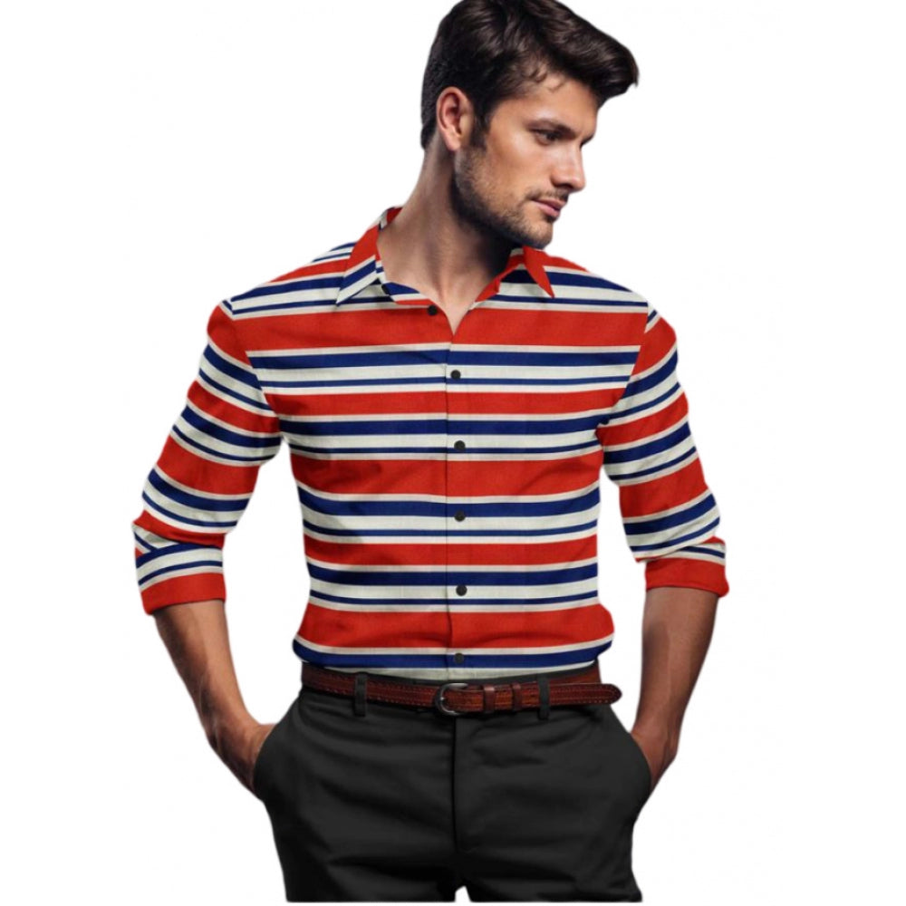 VASTRAA Men’s Red & Blue Striped Cotton-Blend Full-Sleeve Shirt