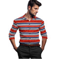 VASTRAA Men’s Red & Blue Striped Cotton-Blend Full-Sleeve Shirt