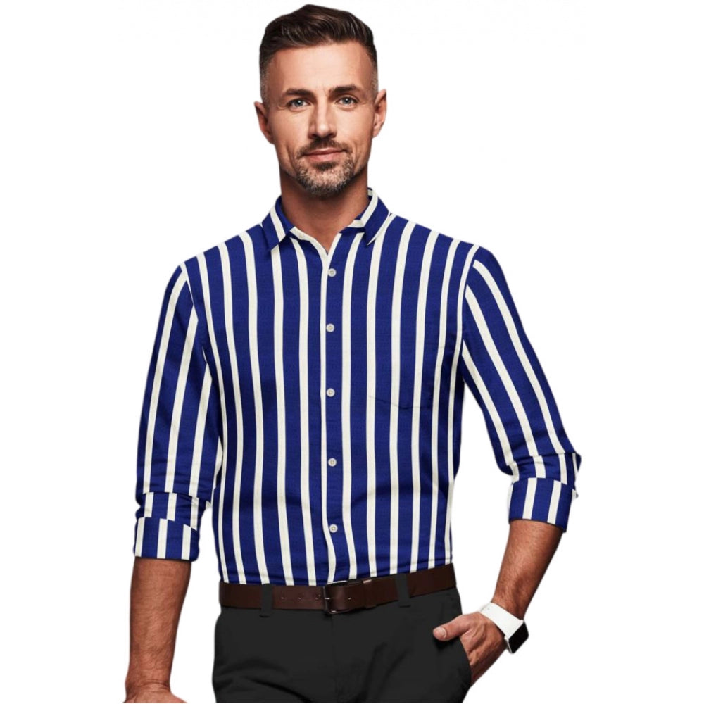 VASTRAA Men’s White & Blue Striped Cotton-Blend Full-Sleeve Shirt