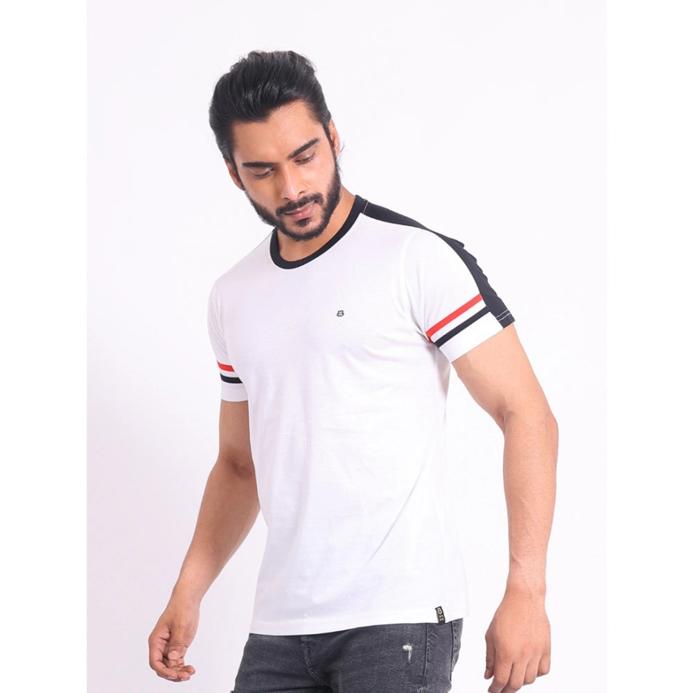 VASTRAA Men’s White Printed Cotton-Blend Round Neck T-Shirt