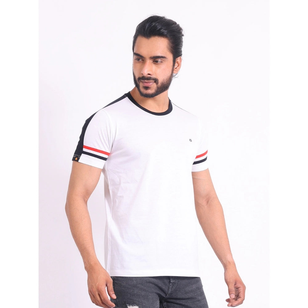 VASTRAA Men’s White Printed Cotton-Blend Round Neck T-Shirt