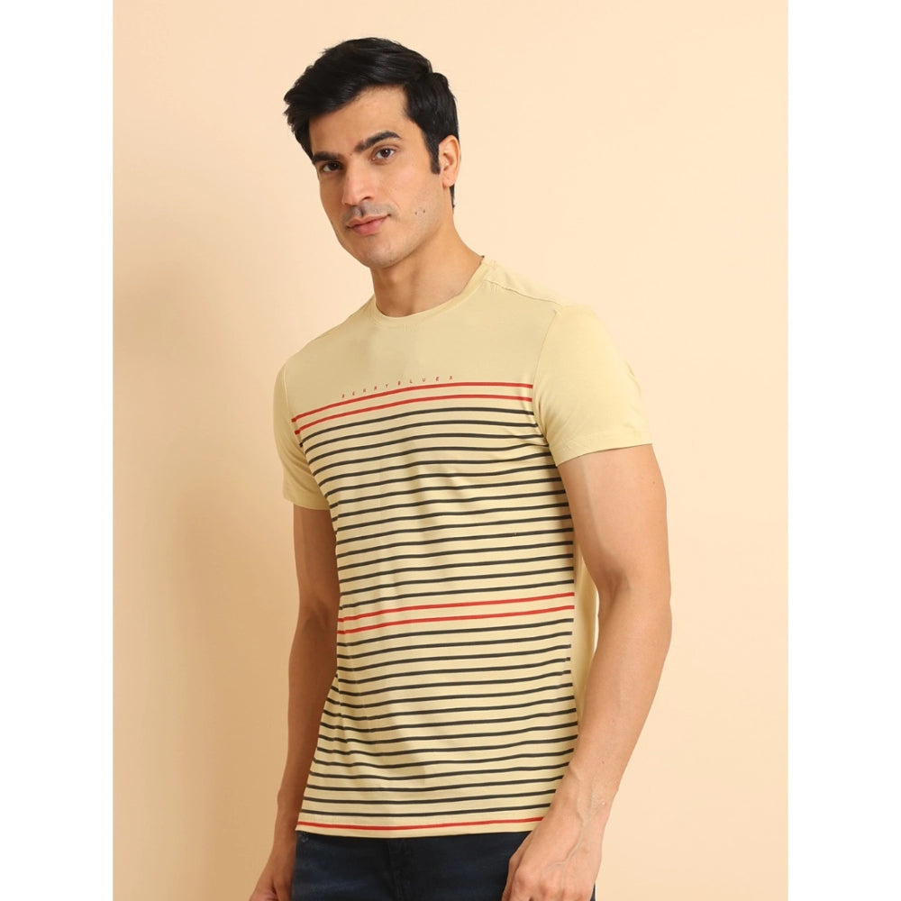 VASTRAA Men’s Beige Printed Cotton-Blend Round Neck T-Shirt