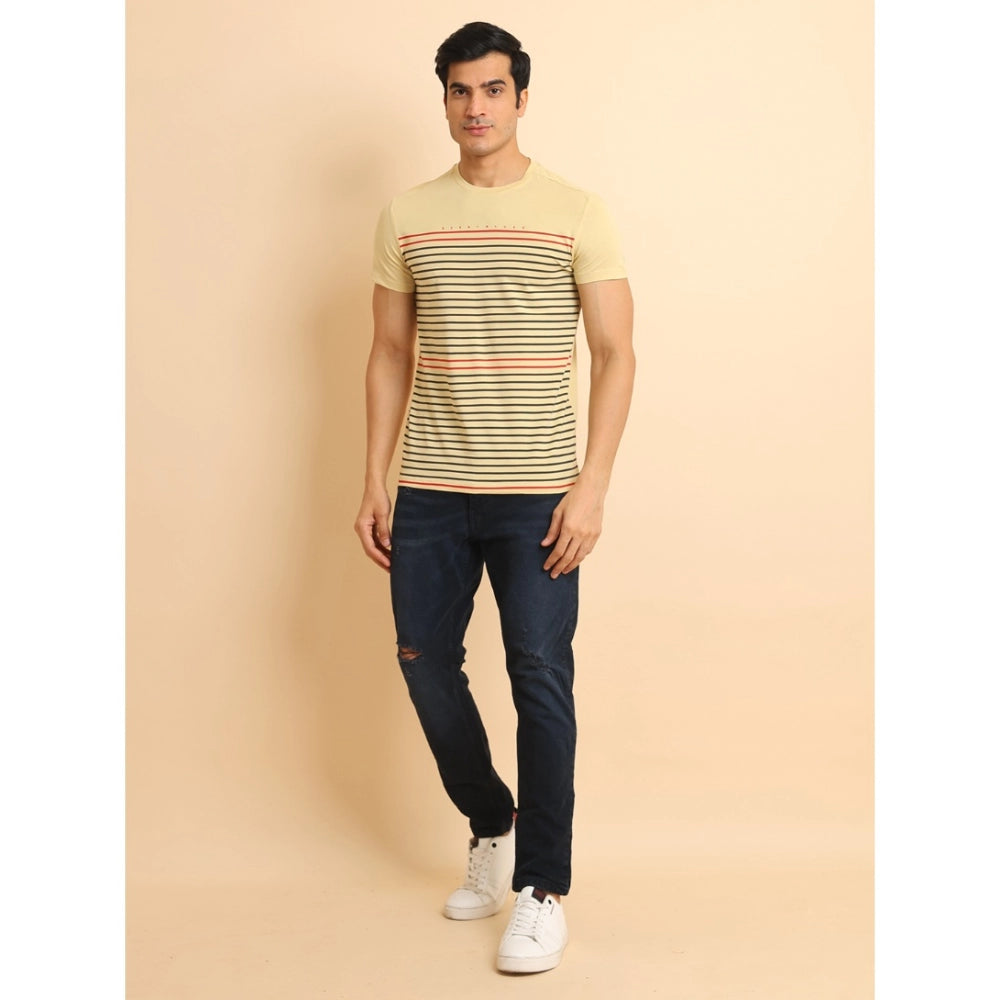 VASTRAA Men’s Beige Printed Cotton-Blend Round Neck T-Shirt