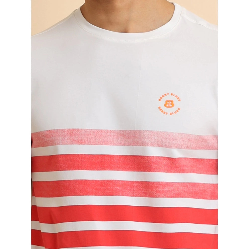 VASTRAA Men’s Red Printed Cotton-Blend Round Neck T-Shirt