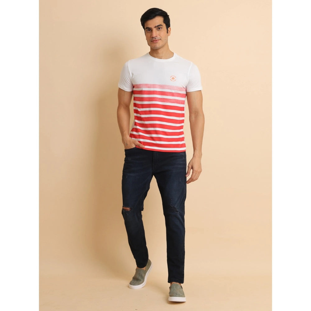 VASTRAA Men’s Red Printed Cotton-Blend Round Neck T-Shirt