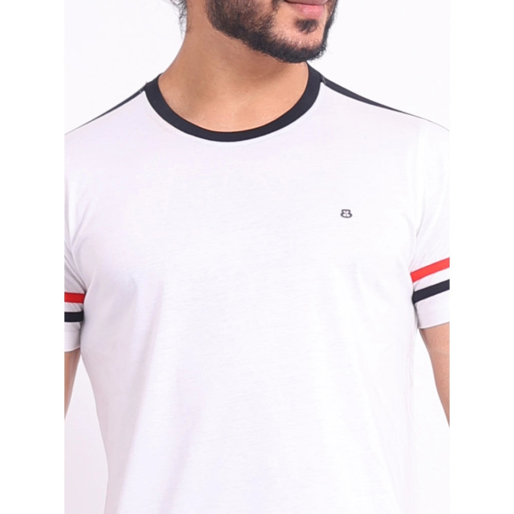 VASTRAA Men’s White Printed Cotton-Blend Round Neck T-Shirt
