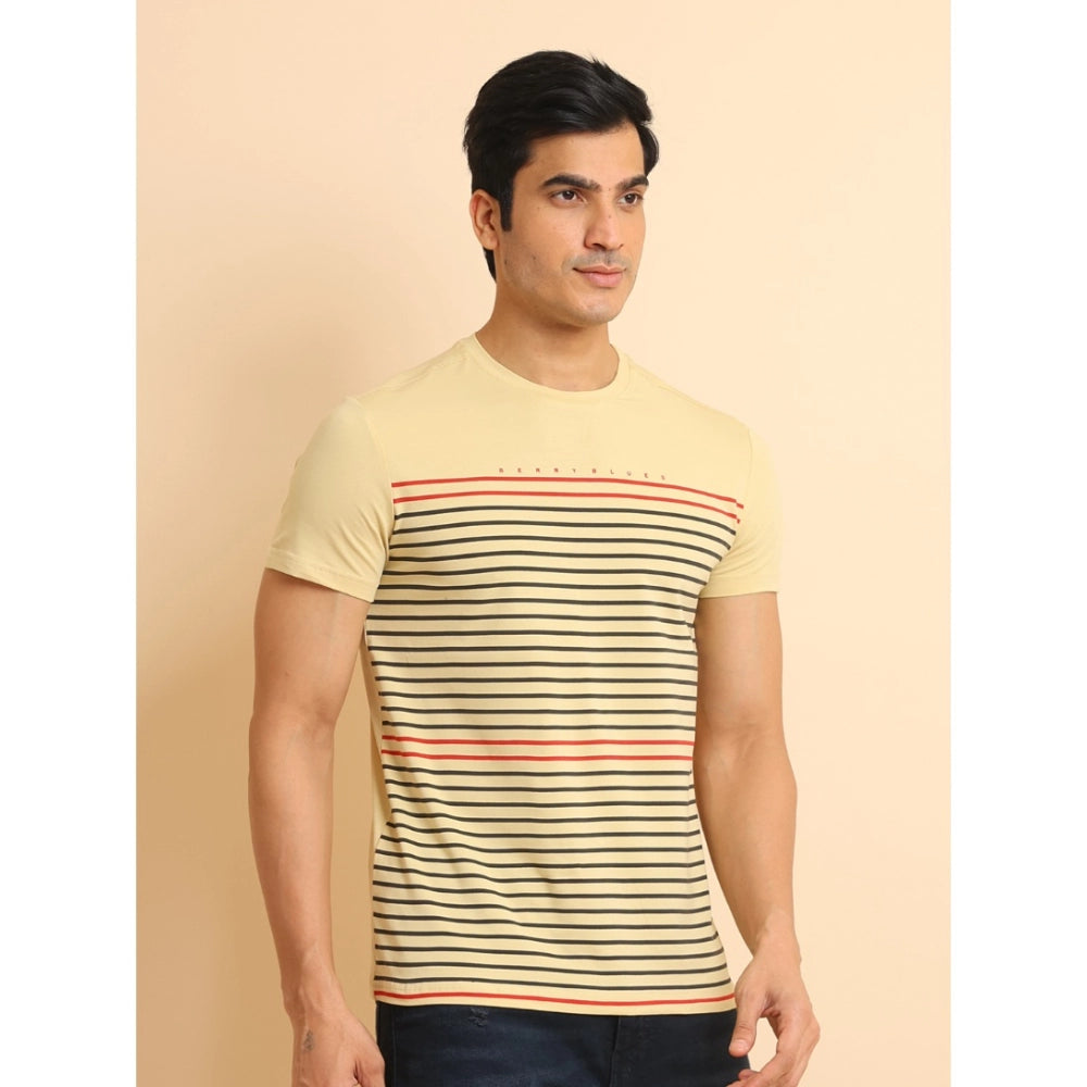 VASTRAA Men’s Beige Printed Cotton-Blend Round Neck T-Shirt