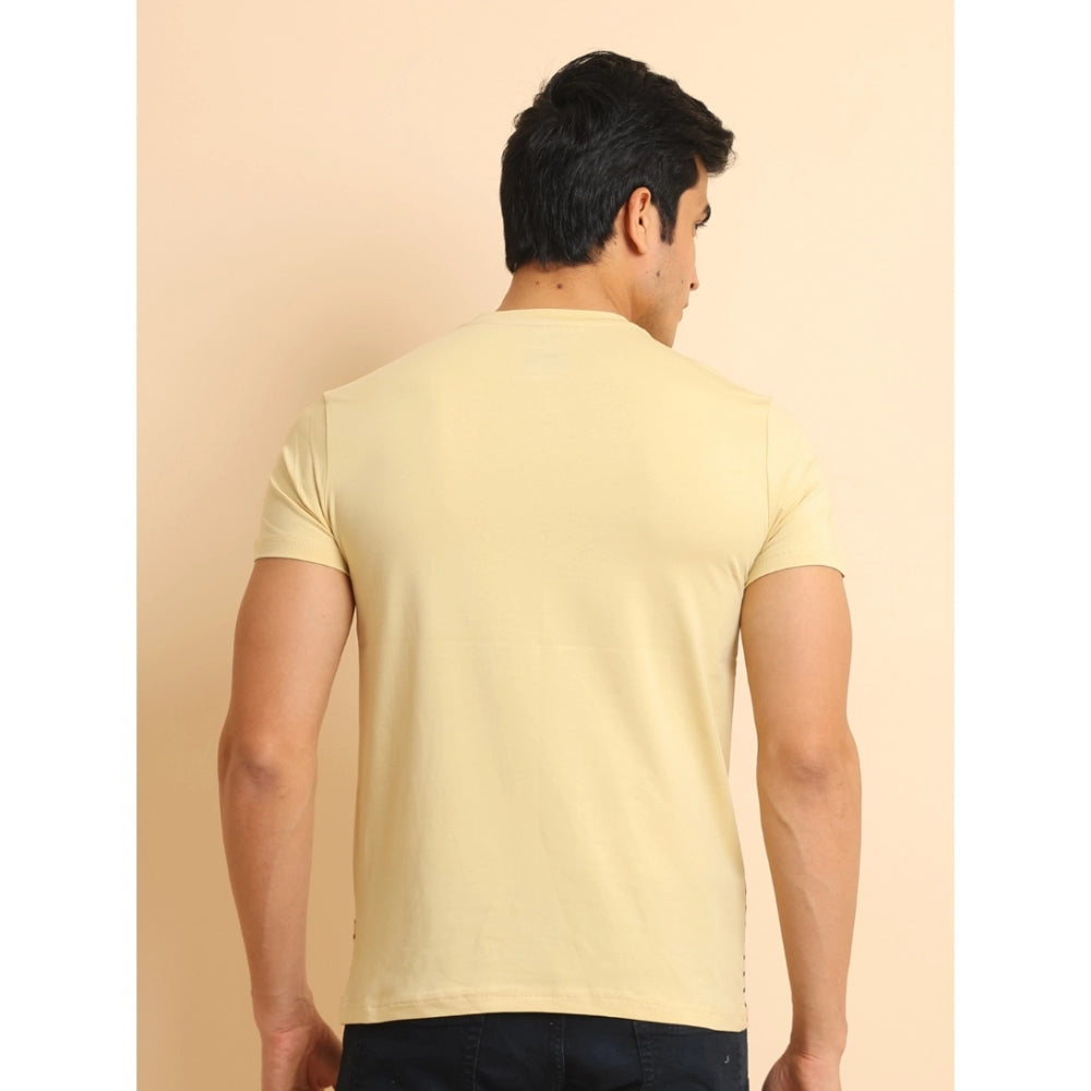 VASTRAA Men’s Beige Printed Cotton-Blend Round Neck T-Shirt