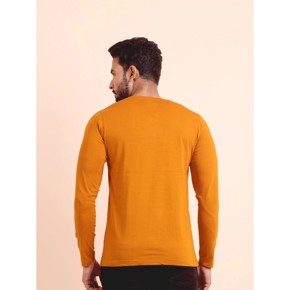 VASTRAA Men’s Mustard Solid Cotton-Blend V-Neck Full-Sleeve T-Shirt