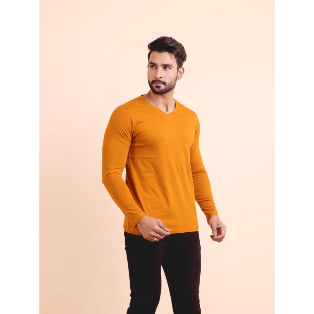 VASTRAA Men’s Mustard Solid Cotton-Blend V-Neck Full-Sleeve T-Shirt