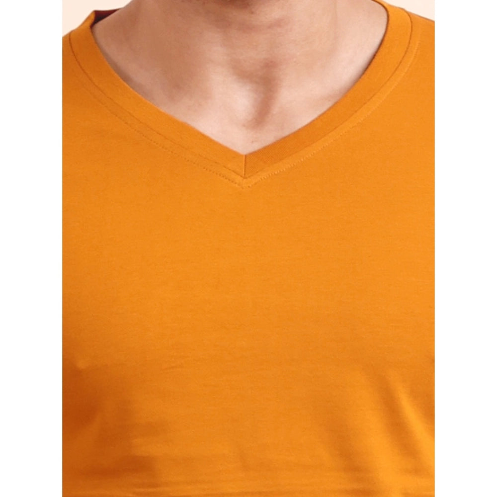 VASTRAA Men’s Mustard Solid Cotton-Blend V-Neck Full-Sleeve T-Shirt
