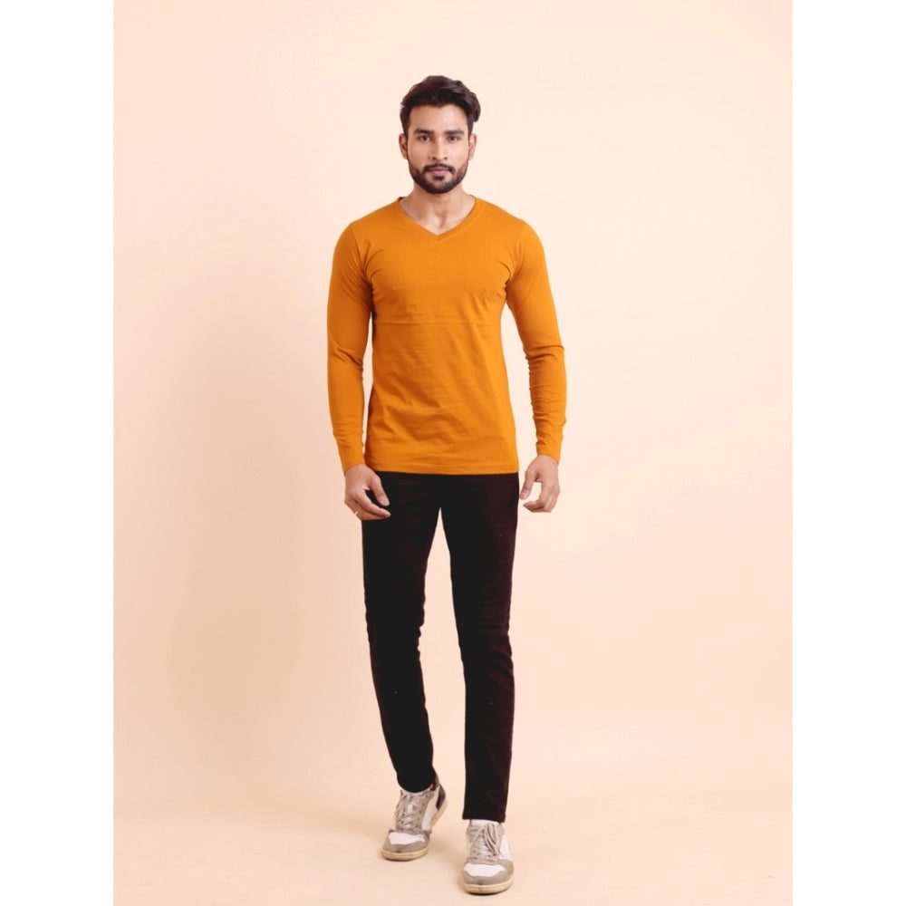 VASTRAA Men’s Mustard Solid Cotton-Blend V-Neck Full-Sleeve T-Shirt