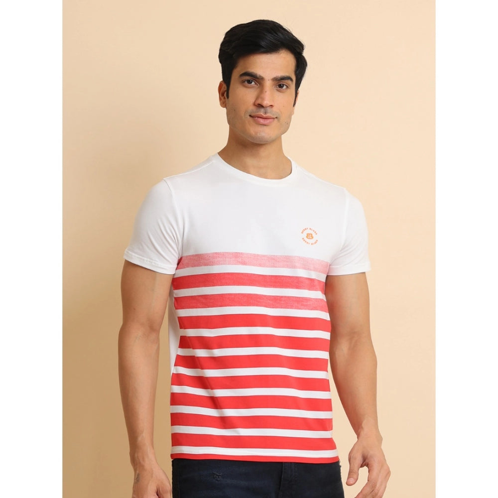 VASTRAA Men’s Red Printed Cotton-Blend Round Neck T-Shirt