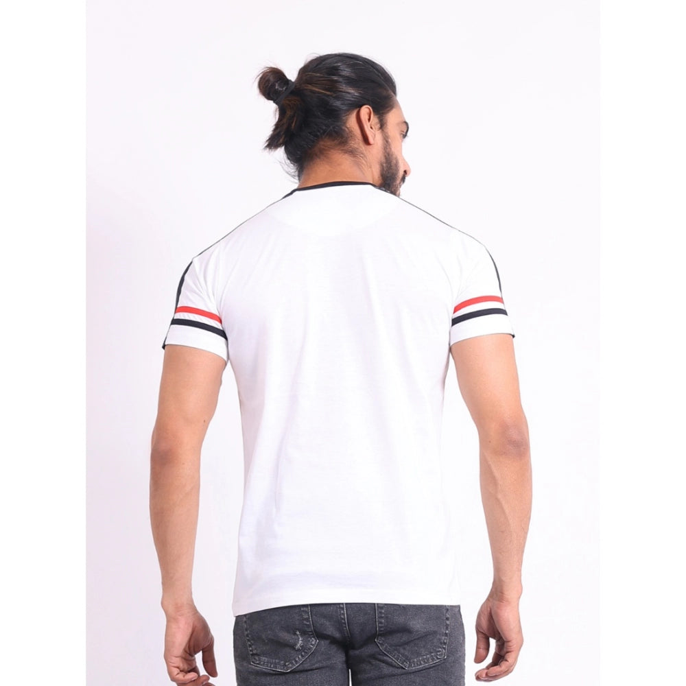 VASTRAA Men’s White Printed Cotton-Blend Round Neck T-Shirt