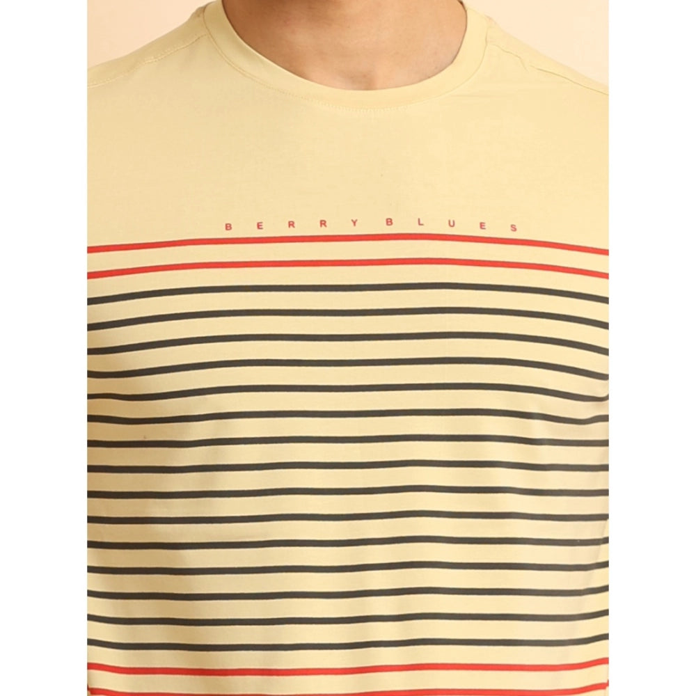 VASTRAA Men’s Beige Printed Cotton-Blend Round Neck T-Shirt