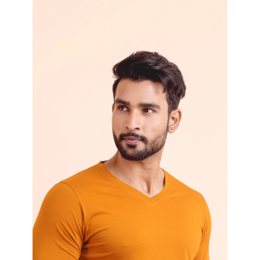 VASTRAA Men’s Mustard Solid Cotton-Blend V-Neck Full-Sleeve T-Shirt