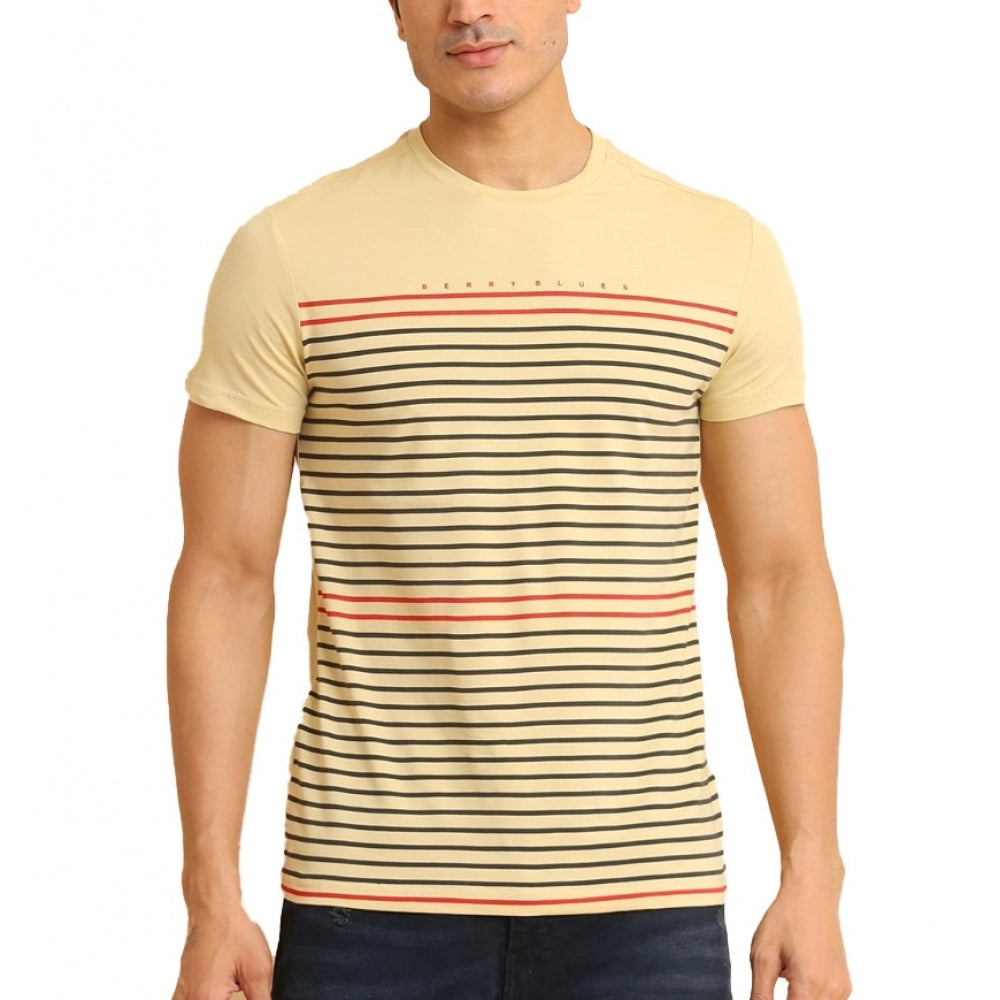 VASTRAA Men’s Beige Printed Cotton-Blend Round Neck T-Shirt