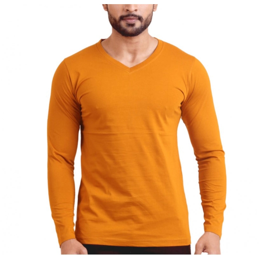 VASTRAA Men’s Mustard Solid Cotton-Blend V-Neck Full-Sleeve T-Shirt