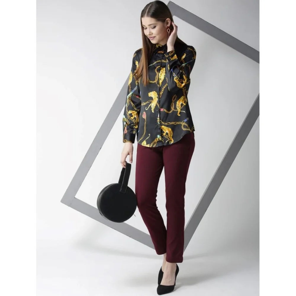 Women’s Black & Gold Satin Printed Full-Sleeve Shirt