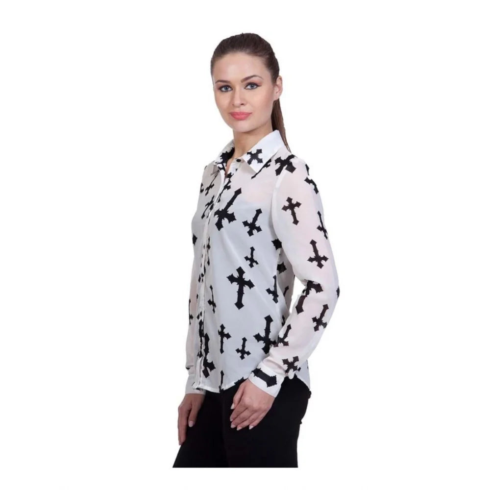 Women’s White Printed Full-Sleeve Shirt